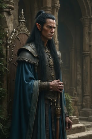 Elrond the elven king, stood next to his throne made of wood and bark, in a elegant yet simple Rivendale style temple, long dark hair, small delicate elven ears, elven features, slender and poised, wearing grey and blue robes and attire,

Fantasy Art Style, Middle Earth Concept Art, Lord of the Rings art design, high details, incredible detail, intricate details, Fantasy detailers, Skaven