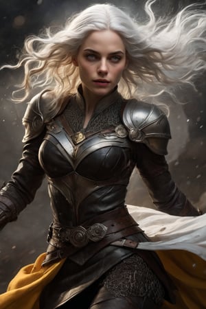 ((a beautiful western Cleric girl)), (21 y.o), ((long white hair in a strand braid:1.5, yellow eyes)), ((wearing fantasy armour made steel plate and chain mail, holy tabard, belt)), ((Claire Forlani:1.2)), ((Samara Weaving:1.3)),  youthful, ((perfect low fat toned body, perfect beauty)), ((soft white hair:1.7)), (((tanned skin:1.5))), faint freckles, (tiny narrow waist and torso), Skinny and toned figure, 

dark palette, crisp lines, rough aesthetics, masterpiece, realistic, detailed, high resolution, cascading strands of her hair, mysterious ambiance, background of a underground hideout, soft moonlight lighting her skin,

digital painting, High Quality, 8k Uldtra HD, hyper-realistic, fantasy art, Greg Rutkowski style , Magali Villeneuve style, esao andrews style,

action shot, Leonardo Style, Comic Book-Style 2d, 