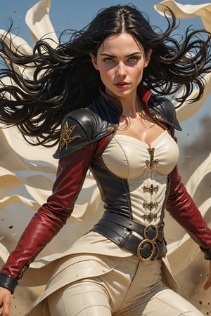 ((a beautiful elven princess on the battle field)), (21 y.o), ((long black hair in a strand braid:1.5, bright blue eyes)), ((wearing red leather corset and pants, black button shirt, belt)), ((Claire Forlani:1)), youthful, ((perfect low fat toned body, perfect beauty)), ((soft black hair:1.7)), (((perfect ivory white skin:1.5))), (tiny narrow waist and torso), Skinny and toned figure,

dark palette, crisp lines, rough aesthetics, masterpiece, realistic, detailed, high resolution, cascading strands of her hair, mysterious ambiance,

digital painting, High Quality, 8k Uldtra HD, hyper-realistic, fantasy art, Greg Rutkowski style , Magali Villeneuve style, esao andrews style,

action shot, ,Extremely Realistic,ENHANCE XL,ENHANCE Facial details,4k