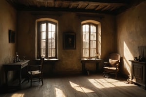 A shot of a medieval bedroom, open single window leading onto a balcony overlooking streets of the City of Novigrad, morning light, dark and dusty room, unmade bed, curtians blowing in the wind, wooden dusty floor, faded white walls and wood beam features, lived in, The Witcher 3 Concept Art, empty bottles, clothes, wooden dishes strewn around the room, arm chair in corner, side table, oil paintings on wall, 

detailed full-length picture, masterpiece, best quality, ultra high resolution, visually stunning, award-winning art (abstract art: 1.3), oil painting, post-apocalyptic, fantasy, Giger

sharp focus, intricate details, highly detailed, by greg rutkowski, realistic, oil painting, by julie bell, frank frazetta, cinematic lighting, dark, chiaroscuro, palette knife painting,low-key