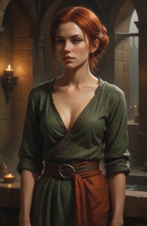 high quality, 8K Ultra HD, hyper-realistic, A shot of a female dnd monk, shaved side of heard, skinny and toned, DnD Art, Baldurs Gate 3 Concept art, red hair, stern expression, better photography,colorful, background of a steamy medieval bathhouse, elf features, dnd, baldurs gate 3, dark,potma style,digital painting, in the style of esao andrews