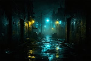 a dark illustration of a dark street, dim yellow glow from lights, empty and creepy alternate reality, a movie still of a horror film, gritty and noise, alleyway, low visibility, misty dark palette, crisp lines, rough aesthetics, masterpiece, realistic, detailed, high resolution, mysterious ambiance, ominous, dark world, silent hill style, high noise, raised blacks, digital painting, High Quality, 8k Uldtra HD, hyper-realistic, fantasy art, Greg Rutkowski style , Magali Villeneuve style, esao andrews style,DRK. ((Fantasy Art)), Dark Fantasy Art, Oil Painting style,