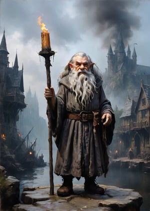 full body:1.2, ((masterpiece)), ((best quality)), (((photo Realistic))), A captivating image of a 3 foot tall DND Gnome in a old ragged wizard robe, grump and whimsical, grey whispy hair, little tufty beard, beady eyes, dnd style gnome, fantasy art, a burning Baldurs Gate City in the background, photography, hasselblad 1600f, coastal landscapes, expressive facial features, soft atmospheric scenes, powerful portraits , blending elements of cinematic movie scene. cinematic stylet, detailed face, dull light, best quality, HD, highly detailed, intricate details, precise focusing, artistic expression, oil painting, dark fantasy, wizard,fantasy_game_character,dark,darkart