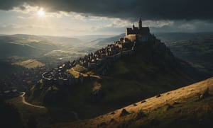 A medieval town circling the top of a large hilltop, hilltop sat in a great plane of hills and green and golden grass, The Witcher 3 Concept Art, Middle Earth style, Lord of the Rings Concept Art, low visibility, golden hour sunlight, mysterious scene, dark, fantasy art, horror, sleepy hollow style, grimdark style, Movie Still, moody colours,Landskaper, newhorrorfantasy_style,darkart, cinematic moviemaker style