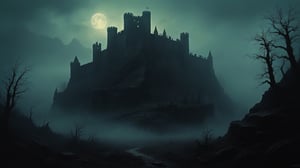 A deserted fortress in ruins built into a mountain face, ghostly woodland around it, haunted, low visibility, midnight, mysterious scene, dark, fantasy art, horror, sleepy hollow style, grimdark style, Movie Still, moody colours, undead,digital artwork by Beksinski, ,Landskaper, newhorrorfantasy_style, raised blacks, mist, empty world, dying world, endless void