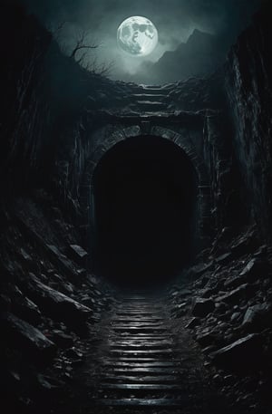 A Entrance to a impossibly dark tunnel, built into the side of a mountain, low visibility, moon light, mysterious scene, dark, fantasy art, horror, sleepy hollow style, grimdark style, Movie Still, moody colours, undead,digital artwork by Beksinski, ,Landskaper, newhorrorfantasy_style, raised blacks, mist