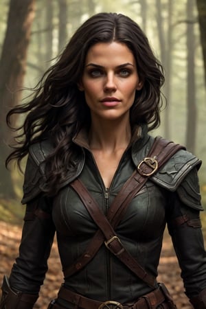 ((a dnd warlock Girl)), (18 y.o), ((long black hair in a strand braid:1.5, bright eyes)), ((wearing black Ranger woodland scout armour and cloak, belt)), ((Eiza González:1.1)), ((Clair Forlani:1.2)), ((Tricia Helfer:1.5)), ((perfect low fat toned body, perfect beauty)), ((soft brown hair:1.7)), (((sunkissed tanned skin:1.5))), faint freckles, (tiny narrow waist and torso), Skinny and toned figure,

dark palette, crisp lines, rough aesthetics, masterpiece, realistic, detailed, high resolution, cascading strands of her hair, mysterious ambiance,

digital painting, High Quality, 8k Uldtra HD, hyper-realistic, fantasy art, Greg Rutkowski style , Magali Villeneuve style, esao andrews style,

action shot, Leonardo Style, Comic Book-Style 2d, 