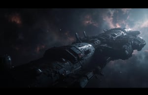 A Frigate space ship flying through deep space, stars and nebula in background, approaching a vast abandoned Battlestar space ship, 

deep space, mysterious scene, dark, horror, grimdark style, Movie Still, moody colours, Expanse concept art, Prometheus concept art,fluxtration, empty, cold empty space,