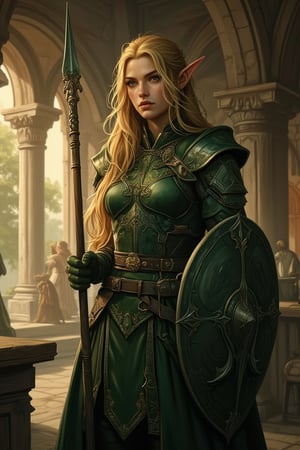 ((an elegant lord of the rings style elven sentinel guarding a throne room)), (25 y.o), ((long golden hair)), ((wearing a dark green elven armour with gold accents, belt, holding intricate shield and spear)), defined jawline and features, 

dark palette, crisp lines, rough aesthetics, masterpiece, realistic, detailed, high resolution, cascading strands of her hair, mysterious ambiance, background of a rustic tavern, golden hour sunlight,

digital painting, High Quality, 8k Uldtra HD, hyper-realistic, fantasy art, Greg Rutkowski style , Magali Villeneuve style, esao andrews style, Lord of the Rings style, 

Elf,PTAIWcomic,dndstyle,FLUX comics style