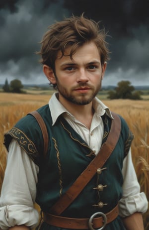A stupid looking Halfling man with tufty beard and medieval clothing, pulling a silly face, mysterious ambiance, (tiny waist and torso with wide hips), dark, digital painting, High Quality, 8k Uldtra HD, hyper-realistic, fantasy art, tiny waist, microwaist, nodf_xl, background of a summer field, dnd, baldurs gate 3, dark, digital painting, in the style of esao andrews,4k,ENHANCE XL,ENHANCE Facial details, esao andrews style, esao andrews art,
