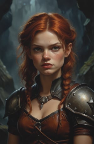 a halfling barbarian girl, chin length red hair, barbarian leather armour, muscular and toned, DND healfling, freckles, mysterious ambiance, dark, digital painting, High Quality, 8k Uldtra HD, hyper-realistic, fantasy art, nodf_xl, background of a a dungeon, dnd, baldurs gate 3, dark, digital painting, in the style of esao andrews,4k,ENHANCE XL,ENHANCE Facial details, esao andrews style, esao andrews art,