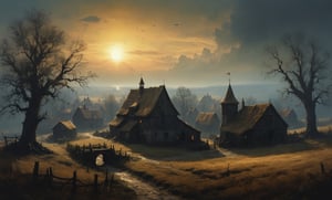 a shot from a tree of a small Medieval Venician style village, landscape, town house, barn, The Witcher 3 Concept Art, low visibility, golden hour sunlight, few crop fields in distance, mysterious scene, dark, fantasy art, Movie Still, moody colours,Landskaper, newhorrorfantasy_style,darkart, cinematic moviemaker style, digital artwork by Beksinski, fantasy village, bob kehl style art, Tom Bagshaw art style, ((christophe young style art)). ((Even Amundsen art style)),