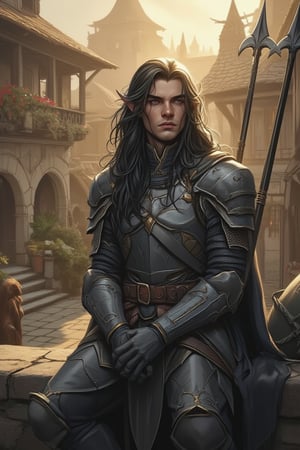 ((an elegant lord of the rings style elven sentinel taking a break from work, male, sat on a short wall overlooking a rivendale courtyard)), (25 y.o), ((long dark hair)), ((wearing a silver elven armour with gold accents, belt, shield and spear leaning against the wall)), defined jawline and features, 

dark palette, crisp lines, rough aesthetics, masterpiece, realistic, detailed, high resolution, cascading strands of her hair, mysterious ambiance, background of a rustic tavern, golden hour sunlight,

digital painting, High Quality, 8k Uldtra HD, hyper-realistic, fantasy art, Greg Rutkowski style , Magali Villeneuve style, esao andrews style, Lord of the Rings style, 

Elf,PTAIWcomic,dndstyle,FLUX comics style