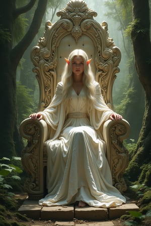 Galadriel sat on her beautiful ivory throne in a forest fortress, cloak, long hair, small delicate elven ears, elven features, slender and poised,

Fantasy Art Style, Middle Earth Concept Art, Lord of the Rings art design, high details, incredible detail, intricate details, Fantasy detailers, Skaven