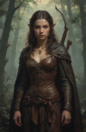 Woodland archer hunter, ((bow weapon)), (1girl), brown leather armor and cape with hood up, toned, skinny, angry expression, leather straps, Photorealistic, masterpiece, photography, a beautiful woman, Photorealistic, masterpiece, photography, Movie Still, moody colours, lord of the rings, digital artwork by Beksinski, oil painting, Extremely Realistic, darkart, Galadriel Elf, Middle Earth, Lord of the Rings concept art, 