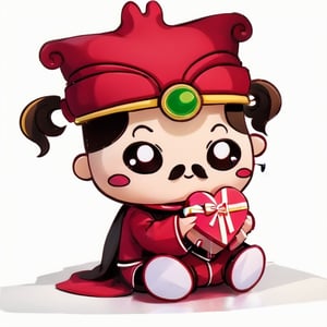(1st boy) , happy, red hat, (White background),  (SUPER CHIBI), chibi, red_clothed, full_body, Standing posture,(LOVE,Than love),Valentine's Day,Gift