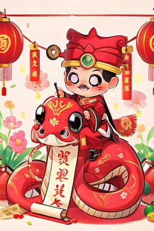 Blush, smile, long sleeves, 1 boy, hat, flower, male focus, red cliff, black eyes, red headdress, New Year, lantern, boy, paintbrush, scroll, paper lantern, holding a calligraphy pen, Chinese New Year, snake riding, snake,masterpiece,best quality,chibi