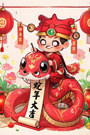 Blush, smile, long sleeves, 1 boy, hat, flower, male focus, red cliff, black eyes, red headdress, New Year, lantern, boy, paintbrush, scroll, paper lantern, holding a calligraphy pen, Chinese New Year, snake riding, snake,masterpiece,best quality,chibi