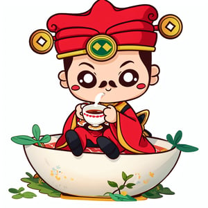 (1st boy),boy,red hat,hanfu,(simple background), (SUPER CHIBI), chibi, full_body, Standing posture,chibi,happy,(Seated posture,Holding a teacup, drinking a tea),truechibi,Chibi