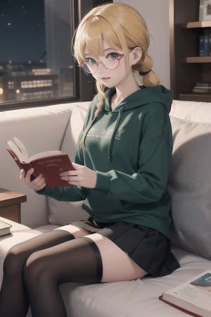 Anime girl with green eyes and long, loose dark yellow hair attached to a braided ponytail resting on her shoulder, 12-year-old teenager, dressed in a dark green hoodie, short black skirt and black stockings, round glasses with a drawing of spiral, blushing, at night, reading a book that she holds with both hands.