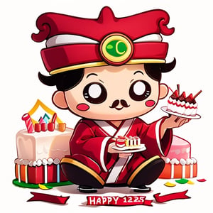 (1st boy) , happy, red hat,red hanfu, (White background),  (SUPER CHIBI), chibi, red_clothed, full_body, Standing posture,(Birthday,Birthday Cake)