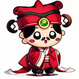 (1st boy) , happy, red hat, (White background),  (SUPER CHIBI), chibi, fully_clothed, full_body, Standing posture, hanfu,chibi,oha style