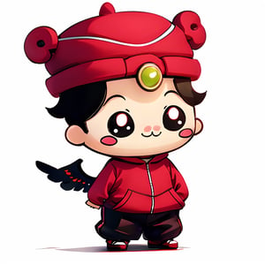 (1st boy) , happy, red hat, (White background),  (SUPER CHIBI), chibi, red_clothed, full_body, Standing posture,chibi,oha style,LOVE,flying