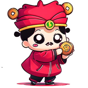 (1st boy) , happy, red hat, (White background),  (SUPER CHIBI), chibi, red_clothed, full_body, Standing posture,
(holding a coin),oha style