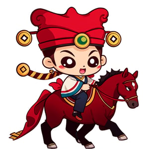 (1st boy),boy,red hat,hanfu,(simple background), (SUPER CHIBI), chibi, full_body,chibi,happy,(Horseback riding)