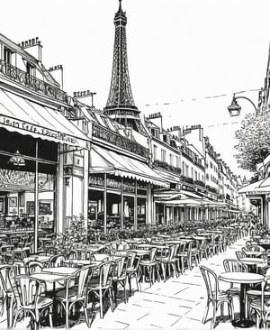 Simple 2D black and white vector art design of Paris city cafes in the 1980s on a pure white background. Large-scale illustration featuring bold linework with no shading or black spots, perfect for coloring. Focus is on clean lines and minimal detail. Indoor and outdoor settings blended together, showcasing iconic Parisian cafe culture.