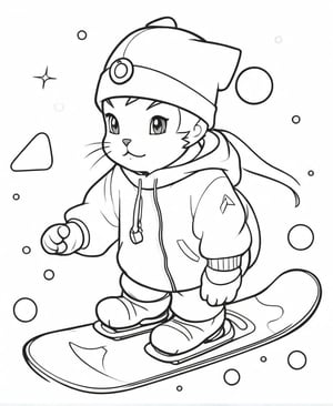 2D black and white vectoral sketch linework design.
Simple design. Cartoon. Large design. Pure white background.
Vector art. No colors. White background.
Cat is doing snowboard with winter clothes.
Empty white background.
Pokemon cartoon vectoral sketch.
Very simple drawing.
Black lines on white.
There is no black part. No shades. It's for coloring. No black spots, only the lines.
Very simple vector sketch.
Low detail. Zero shading.
Only black and white.
leonardo,realistic,real_booster,photorealistic,healing,tattoochibi,ipsketch\\(style\\),lines,TCC_SIMPLE_DRAWING