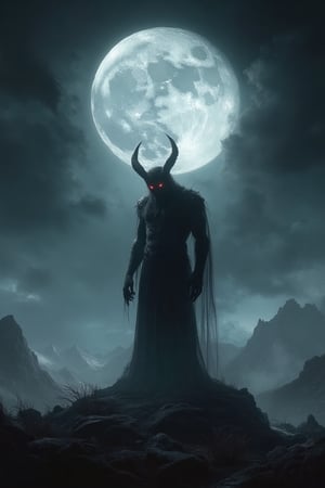 Wide shot of a demonic figure standing on a desolate hill under a full moon. The figure has glowing red eyes and jagged, dark horns, its shadowy form towering over the landscape. The full moon casts a bright, eerie glow on the scene, illuminating the figure's menacing pose. The sky is clear, with a few wisps of dark clouds swirling around the moon. The composition emphasizes the vast, desolate hill and the figure's dominance under the full moon. The lighting is dramatic, with sharp contrasts between the bright moon and the dark, shadowy figure.