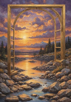 Modern golden window standing on a river to the orange clouds.
Modern art.
Nature,Nature,realistic,Amethyst 