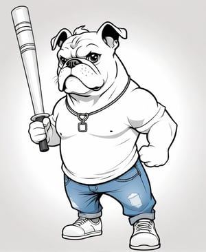 2D black and white vectoral sketch linework design.
Simple design. Cartoon. Large design. Pure white background.
Vector art. No colors. White background.
Bulldog standing with tshirt and jeans; holding baseball bat.
Empty white background.
Pokemon cartoon vectoral sketch.
Very simple drawing.
Black lines on white.
There is no black part. No shades. It's for coloring. No black spots, only the lines.
Very simple vector sketch.
Low detail. Zero shading.
Only black and white.
leonardo,realistic,real_booster,photorealistic,healing,tattoochibi,ipsketch\\(style\\),lines,TCC_SIMPLE_DRAWING