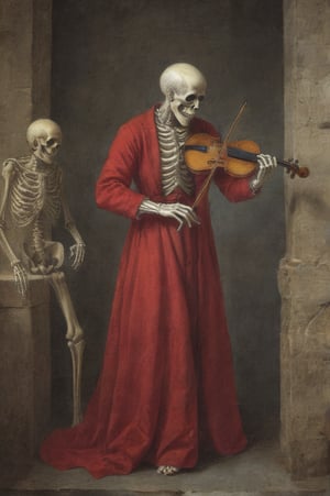 Skeleton in red robe playing violin.
Modern art.
Gate to Time background.
Accurate anatomy.
Novel cover page.
Nature,Nature,leonardo,oil painting,renaissance,realistic,classic painting,BugCraft