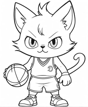 2D black and white vectoral sketch linework design.
Simple design. Cartoon. Large design. Pure white background.
Vector art. No colors. White background.
Cat standing with basketball shorts and tank; holding a basketball ball.
Empty white background.
Pokemon cartoon vectoral sketch.
Very simple drawing.
Black lines on white.
There is no black part. No shades. It's for coloring. No black spots, only the lines.
Very simple vector sketch.
Low detail. Zero shading.
Only black and white.
leonardo,realistic,real_booster,photorealistic,healing,tattoochibi,ipsketch\\(style\\),lines,TCC_SIMPLE_DRAWING