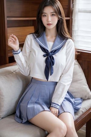 Beautiful Asian girl, long brown wavy hair, (cowboy shot: 1.4), slight smiling, curly body shape, while pale skin, slim, perfect eyes, shiny skin, lustrous skin, narrow waist, wide hips, 

 (huge breasts: 1.4), spread legs, in hotel room,


colorful, ultra highly detailed, 32 k, mix4, best quality, ultra high res, (photorealistic:1.4), masterpiece, best quality, photography, 8K, award winning, perfect lighting, hyper detailed face and eyes, gorgeous, eyes watching the same direction,lying down,open legs,school uniform,jp_school_uniform, serafuku