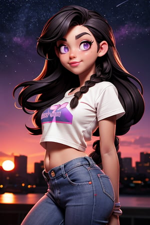 (Detailed Hyperreal Face: 1.2), (Front Viewer: 1.2), (Front View), Centered, Upper Body, Award Winning Frontal Photography, Masterpiece, | (arms behind back), (beautiful detailed eyes: 1.2), braid hairstyle, (black hair color), (light purple eyes), (black tube crypto logo t-shirt), abdomen, belly button, lower leg of jeans, | sunset, bokeh, depth of field, | urban street city | starry sky, vaporwave color scheme (saturated colors: 1.2), 3DMM brown skin