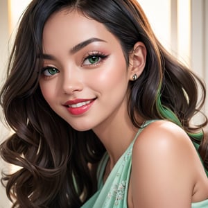 black woman with a well-defined figure with a smile long black hair and curly lines voluptuous body close-up of the face very pretty light green eyes,JessicaWaifu