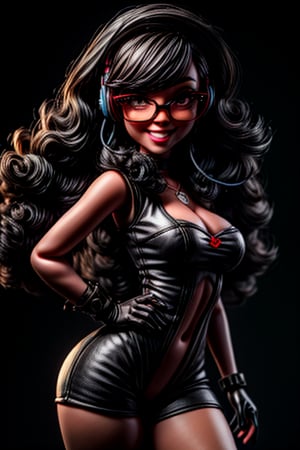 black woman with a shapely figure cyberpunk style with a smile long black curly hair voluptuous body close-up of face eyes wearing headphones and glasses wearing a light black space case very pretty,JessicaWaifu,m4d4m,perfecteyes,ShroomPunkAI,inboxDollPlaySetQuiron style