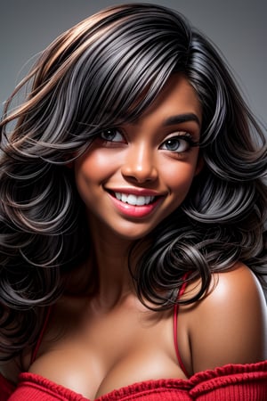 black woman with a well-defined figure with a smile long black hair and curly lines voluptuous body close-up body of the face very pretty light grey eyes,JessicaWaifu,m4d4m,perfecteyes