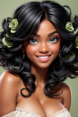 black woman with a well-defined figure with a smile long black hair and curly lines voluptuous body close-up of the face very pretty light green eyes,JessicaWaifu,m4d4m