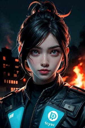 heroine super realistic face with cyberpunk look big eyes color blue guy african american clothing logo crypto
beautiful silhouette in burning neighborhood