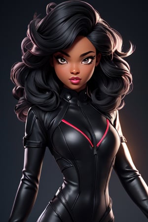 {{masterpiece}}}, {{{best quality}}}, {{{ultra-detailed}}}, {cinematic lighting}, {illustration}, 1girl black, black woman  african woman kai'sa, long black hair, sexy breasts, cleavage, parted lips, tight bodysuit, pretty face, 3DMM, cripto