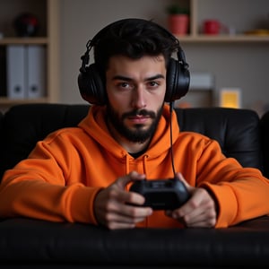 a gamer boy with a black controller, black headphones and a orange hoodie, sitting in a couch, gaming, neatly trimmed beard, black hair