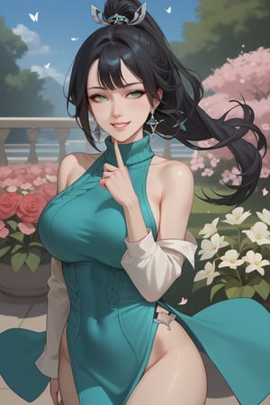 yu xiao er, black hair, long hair, high ponytail, hair ornament, earrings, green eyes, green virgin killer sweater,



(nsfw), (uncensored), (score_9), score_8_up, score_7_up, source_anime, cowboy shot, dynamic pose, Happy, Smile, Parted Lips, blush, ashamed, shy, sexy, charming, alluring, seductive, enchanting, erotic,

((outdoors)), ((flower garden)), ((flowers)), ((many flowers)), spring petals, petals of flowers, spring, falling petals, flying butterflies,