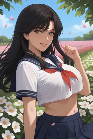 Orie, Black Hair, Long Hair, Bangs, Green Eyes, Big Breast, Cleavage, serafuku, sailor collar, crop top, underboob, shirt lift, blue skirt, pleated skirt, short sleeves, white shirt, red bowtie, see-through,




(nsfw), (uncensored), (score_9), score_8_up, score_7_up, source_anime, cowboy shot, dynamic pose, 1 Female, solo, happy smile joy, blush, ashamed, shy, sexy, charming, alluring, seductive, enchanting, erotic,

((outdoors)), ((flower garden)), ((flowers)), ((many flowers)), spring petals, petals of flowers, spring, falling petals, flying butterflies,
