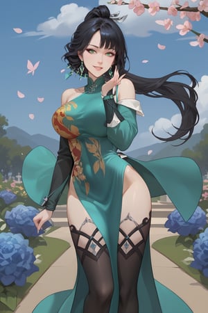 yu xiao er, black hair, long hair, high ponytail, hair ornament, earrings, green eyes, green halter neck dress, low-cut dress, dress with high slit, golden pattern on green dress, black thigh highs, green shoes,



(nsfw), (uncensored), (score_9), score_8_up, score_7_up, source_anime, cowboy shot, dynamic pose, Happy, Smile, Parted Lips, blush, ashamed, shy, sexy, charming, alluring, seductive, enchanting, erotic,

((outdoors)), ((flower garden)), ((flowers)), ((many flowers)), spring petals, petals of flowers, spring, falling petals, flying butterflies,