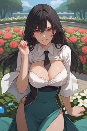 Hibiki, Black hair, Long Hair, Scarlet Eyes, Big Breasts, Cleavage, red hair bow, low-cut white and black high slit dress, Black necktie, 

(nsfw), (uncensored), (score_9), score_8_up, score_7_up, source_anime, cowboy shot, dynamic pose, Happy, Smile, Parted Lips, blush, ashamed, shy, sexy, charming, alluring, seductive, enchanting, erotic,

((outdoors)), ((flower garden)), ((flowers)), ((many flowers)), spring petals, petals of flowers, spring, falling petals, flying butterflies,

