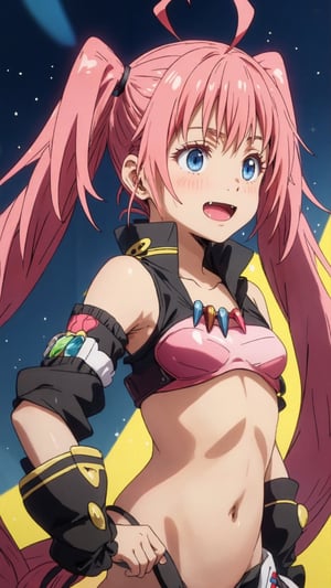 MILIM, Milim Nava, exposed midriff, blue eyes, pink hair, ahoge, twintails, cuteness fang,
